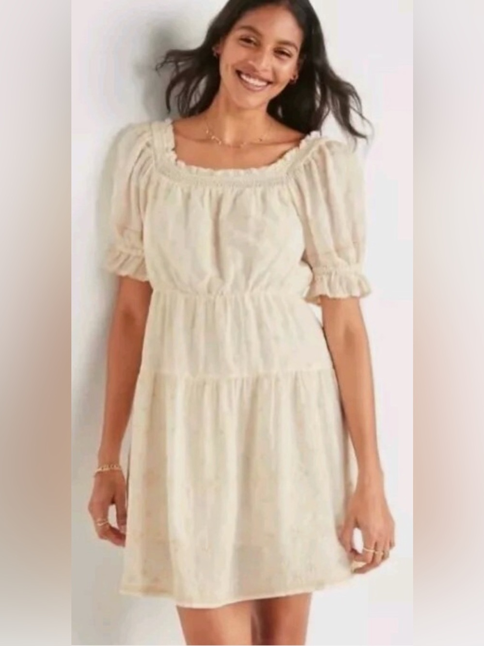 Old Navy Embroidered Tiered Dress Puff Sleeve Ivory Size Medium